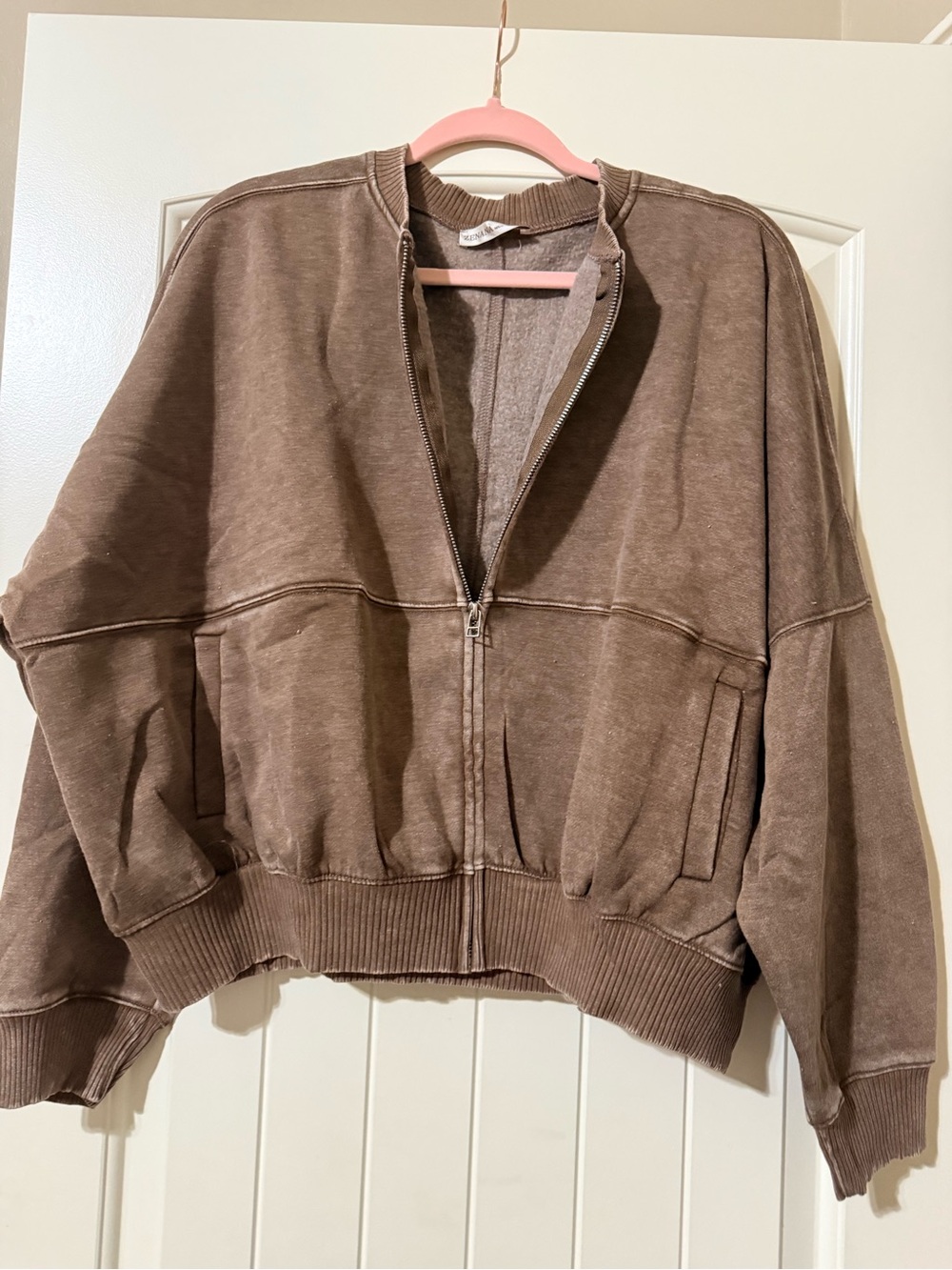 Zenana Vintage Wash Brown Bomber Jacket NWOT - Picture 2 of 4